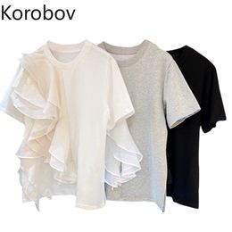 Korobov Korean Vintage O Neck Ruffles Women T Shirts Summer New Short Sleeve T Shirt Office Lady Elegant Tee Tops 210430