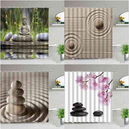 Zen Stone Buddha Flowers Scenery Shower Curtains Creativity Art Bathroom Bath Curtain With Hooks Waterproof Fabric Bathtub Decor 210915