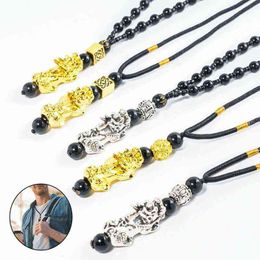Pixiu Pendant Necklace Attract Wealth and Good Luck Charm Necklace Chinese Feng Shui Faith Obsidian Stone Beads Necklaces G1206