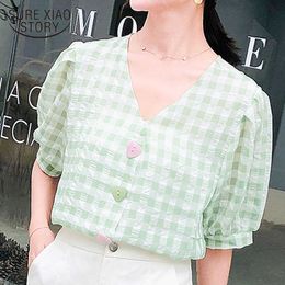 Korean Short Sleeve Striped Plaid Chiffon Women Blouse Office Casual Button Design Green Yellow Sweet Female Shirt 4932 50 210527