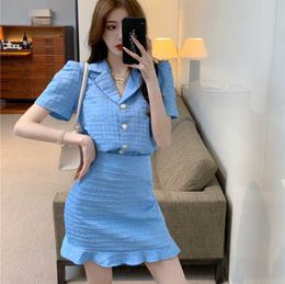 summer Female Elegant Skirt Suit Fashion Two Piece Set puff sleeve Tops +Mini Outfits 210531