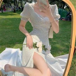 French Chiffon Dress Women Puff Sleeve Point Print Vintage Retro Office Lady Casual Summer Elegant Split 210520
