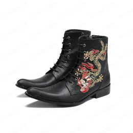 Luxury Shoes Pointed Toe Lace Up Men's Ankle Boots Dragon Embroidery Men Motorcycle Boots Business Party Male Short Boots