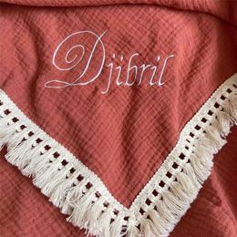 Muslin Swaddle Fringe Cotton Baby Blankets Shower Gift Name Personalised Embroidered Custom Bedding 211105