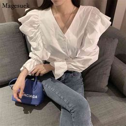 Autumn Ruffles Women Blouse Shirt V-neck Long-Sleeved Korean Slim Shirts Cardigan Fashion Elegant Blusas 9656 210512
