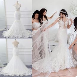 Sexy Mermaid Wedding Dress Illusion Jewel Neck Short Sleeve Lace Appiques Bridal Gowns Zipper Back Bride Dresses
