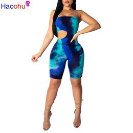 Haoohu Multi Print Женщины без бретелек без рукавов сексуальные выдолбленные на коленях Длина колен тощий комбинезон женские розыгрыши мода Playsuits