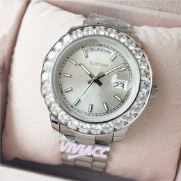 Classic Men Silver Iced Big Diamonds Rome Week watches Daydate Automatic Mechanical Stainless Steel Sapphire Calendar Watch 40mm