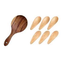 Spoons 1x Natural Wood Rice Paddle Non-Stick Wooden Serving & 6 Pcs Scoop Condiment Spoon