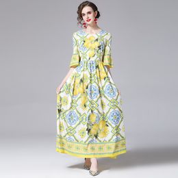 Summer Runway French Dress Women O Neck Flare Sleeve Flower Chain Print Dress Female Celebrity Pleated Long Dress 210514