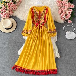 Bohemian Vacation Beach Embroidered Long Dress Women Elegant V-Neck Red/Yellow Vestidos Female Puff Sleeve Tassel Robe Spring Y0603