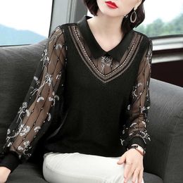 Women Spring Autumn Style Mesh Lace Blouses Shirts Lady Casual Long Sleeve Peter Pan Collar Patchwork Blusas Tops ZZ0656 210317