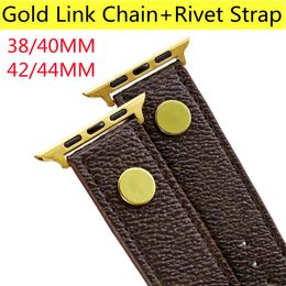 Luxury Leather Watch Band For Apple iWatch strap 3 4 5 6 SE 7 Series 44mm 45mm 41mm 40mm 42mm 38mm Wristband Fashion Gold Link Chain Rivet Bracelet Women Men Smart Straps