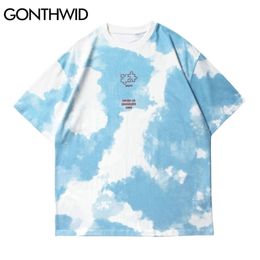 GONTHWID Embroidery Puzzle Tie Dye Short Sleeve Tees Men Streetwear Hip Hop Casual Harajuku Cotton Loose Fashion T-Shirts Tops 210716