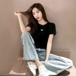 The Cotton Fashion Summer Crown Fmbroidered T-shirts College Wind Loose Short Sleeve Female 210507