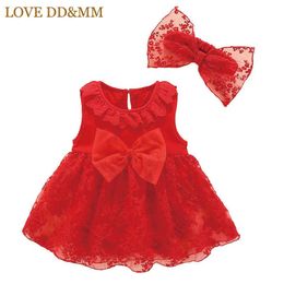 LOVE DD&MM Girls Dresses Summer Baby Girl Toddler Sweet Mesh Stitching Bow Lace Collar Vest Fluffy Dress + Hair Band 210715