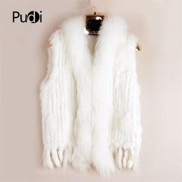 VR001 Womens Natural Real Rabbit Fur Vest With Raccoon Fur Collar Waistcoat/jackets Rex Rabbit Knitted Winter 211110