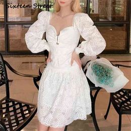 Arrive White Lace V-neck Dress Woman Full-sleeve Hollow Out Fashion vestido Party Autumn Dresses Female Clothing 210603