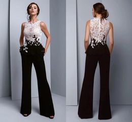 Chic Black And White Prom Dresses Elegant Jumpsuit Evening Dress See Through Top Lace Pansuit Women Graduation Party Trousers Formal robes de soirre 2024