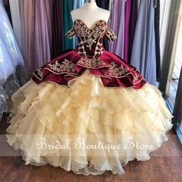 Embroidery Velvet Quinceanera Dresses 2021 Puffy Ruffles Off the Shoulder Sweet 16 Dress Long Prom Gowns vestidos de 15 años