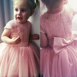 Vintage Flower Girls' Dresses Baby Infant Toddler Baptism Clothes With Tutu Lace Tulle Ball Gowns Birthday Party Bow Blush Pink Cheap