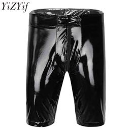 YiZYiF Black Mens Sexy Fetish Tight Shorts Wet Look Boxer Short Pants Patent Leather Zippered Crotch Boxer Shorts H1210