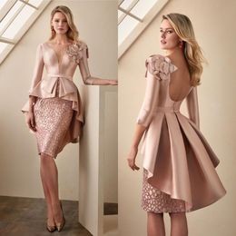 Elegant 2021 Pink Flower Mother of the Bride Dresses V Neck Long Sleeve Lace Wedding Guest Dress Knee Length Mothers Groom Formal Wear