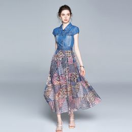 LLZACOOSH Fashion Women Summer Elegant Denim Dress High Quality Vintage Chiffon Print Designer Runway Dresses Vestidos 210514