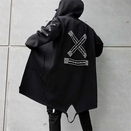Autumn Men Hooded Jackets Print Harajuku Windbreaker Ribbon Overcoat Male Casual Outwear Hip Hop Streetwear Coats 211126