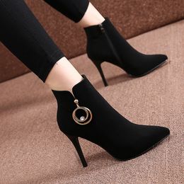 2022 New Women Boots Ankle PU Leather Zipper Booties High Heels Autumn Shoes Black Winter Boots Zapatos De Mujer Pointed Toe