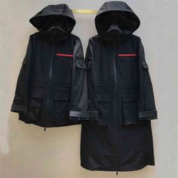 Autumn Winter Woman's Trench Hooded Coat Solid Black Letter 2 Design Long Zipper Casual 210820