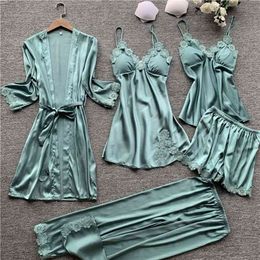 Stain Lace Women Pajama Set 5 Pieces Pajamas V Lead With Chest Pad Spaghetti Strap Pijama 210809