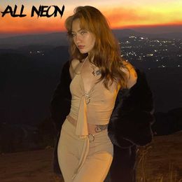 ALLNeon Vintage Y2K Circular Buckle Khaki Matching Sets 90s Fashion Backless Halter Tops and Flare Pants 2 Piece Co-ord Suits Y0625