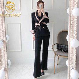 Spring Pants Suit Lace-up Breasted Jacket And Long Pants Business 2 Pieces Suit Korean Slim Work Wear Blazer Set 210927