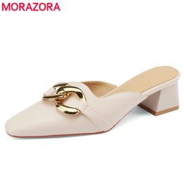 MORAZORA Cowhide Women Mules Slip On Sandals Women Shoes Square Heels Summer Ladies Street Dress Shoes Female 210506