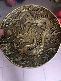 China ancient bronze brass crafts home desktop office decorations fengshui dragon statue totem dish plate plates