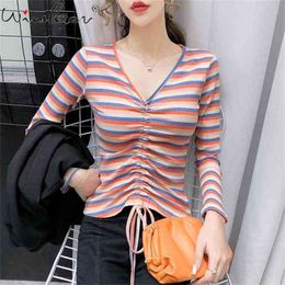 Spring Summer Korean Style Cotton Short T-Shirt Girls Fashion Sexy V-Neck Stripe Lace Up Women Tops Slim Tees T12809A 210421