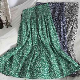 Vintage Green Floral Print A-line Pleated Long Skirts Summer Women Korean Streetwear Drawstring Elastic Waist Midi 210529