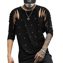 Summer Mens sexy t shirts Batwing sleeves Hollow nets Black Colour gay tshirt Rock style 210706