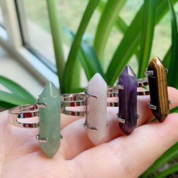 Healing Natural Stone Ring Bullet Hexagonal Point Amethysts Lapis Opal Pink Crystal Finger Rings Resizable for Women