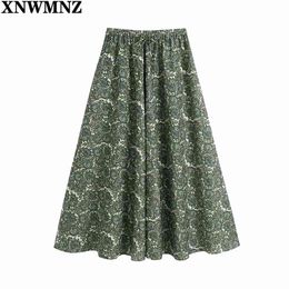 Women Vintage Totem Floral Print Green Midi Skirt Faldas Mujer Female Chic Elastic Waist Party Vestido Brand Skirts 210520