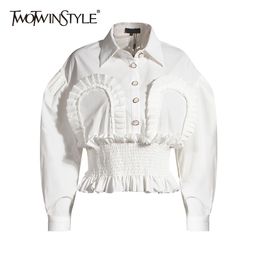 Vintage Patchwork Ruched Tops For Women Lapel Puff Sleeve Tunic Elegant Shirt Femaele Autumn Fashion 210524