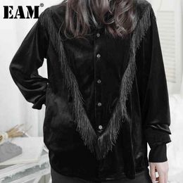 [EAM] Women Black Velvet Tassel Big Size Blouse Lapel Long Sleeve Loose Fit Shirt Fashion Spring Autumn 1DD5977 210512