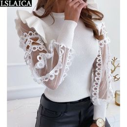 Women shirts long sleeve mesh patchwork see through sexy blouses solid color hollow out O-neck slim womens tops and 210520