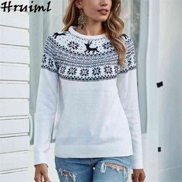 Casual White Sweater Women Deer Snowflake Print Long Sleeve O Neck Autumn Pullovers Oversized Winter Clothes 210513