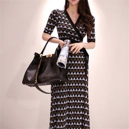HIGH QUALITY Spring Vintage Slim Sashes High Waist Geometry Print Cloth Women Maxi Long Ankle-Length Casual Dress 210603