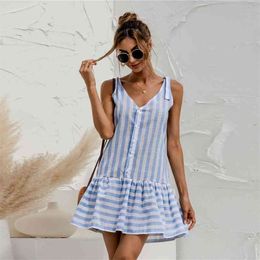 Summer Sleeveless Striped Cotton Linen Mini Dress Women Casual Sexy V Neck Strap Button Patchwork Ruffles Loose Dresses Vestidos 210522