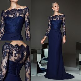 Navy Lace Mother Of The Bride Dresses Mermaid Sheer Bateau Neck Long Sleeves Wedding Guest Dress Floor Length Chiffon Evening Gowns