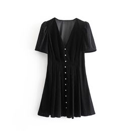 New Fashion V-collar Short Sleeve Single-row Button Velvet Short Dress for Autumn Women in 210323