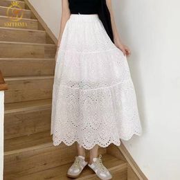 Casual Lace Hollow Embroidery Skirt For Women High Waist Black /White Skirts Female Fashion Clothing Spring 210520